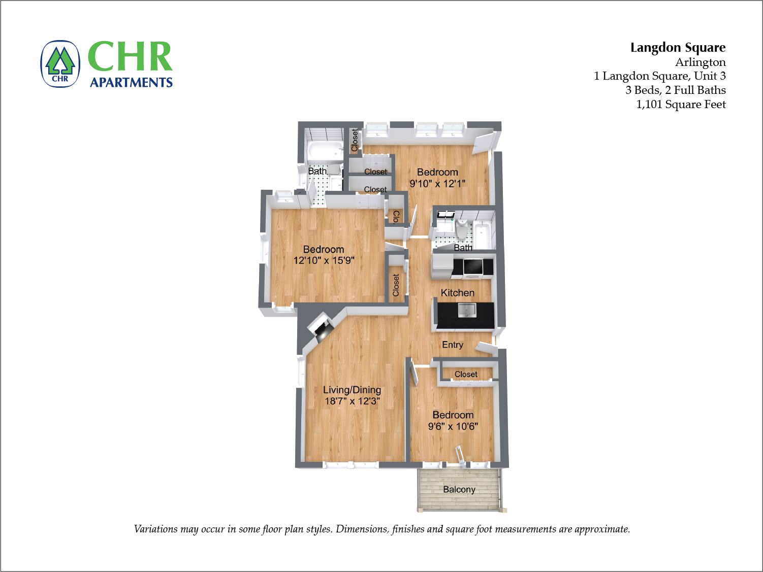 Floor plan for 3 beds, 2 baths, 1101 sqft